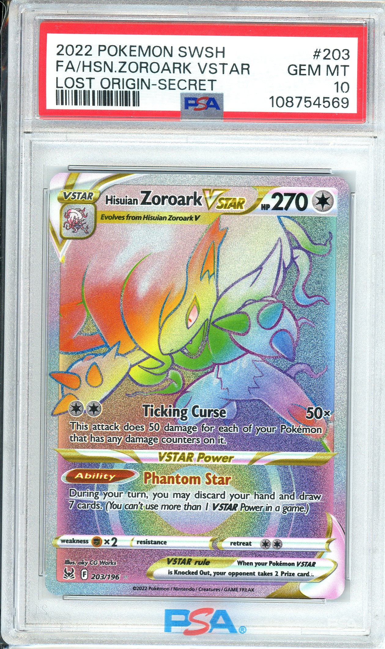 PSA Grade 10, FA/Hisuian Zoroark VSTAR - 203/196