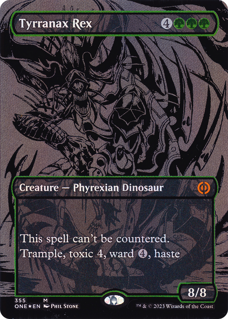 Image of Tyrranax Rex (Oil Slick Raised Foil) (ONE-355) - Phyrexia: All Will Be One (Borderless) Foil