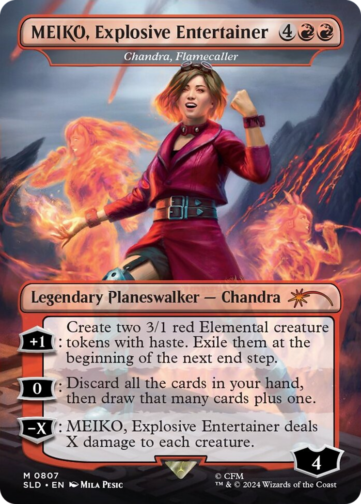 Image of MEIKO, Explosive Entertainer - Chandra, Flamecaller (Rainbow Foil) (SLD-807) - Secret Lair Drop / MEIKO, Explosive Entertainer (Borderless) Foil