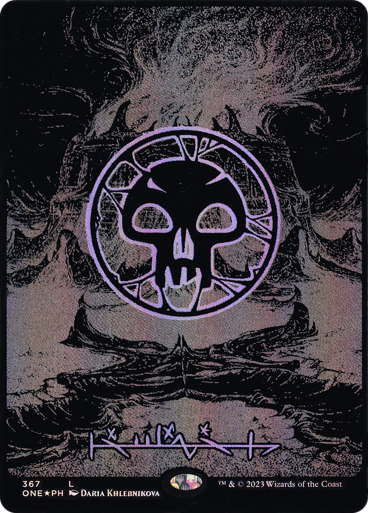 Image of Swamp (Phyrexian) - Full Art (Oil Slick Raised Foil) (ONE-367) - Phyrexia: All Will Be One (Borderless) Foil