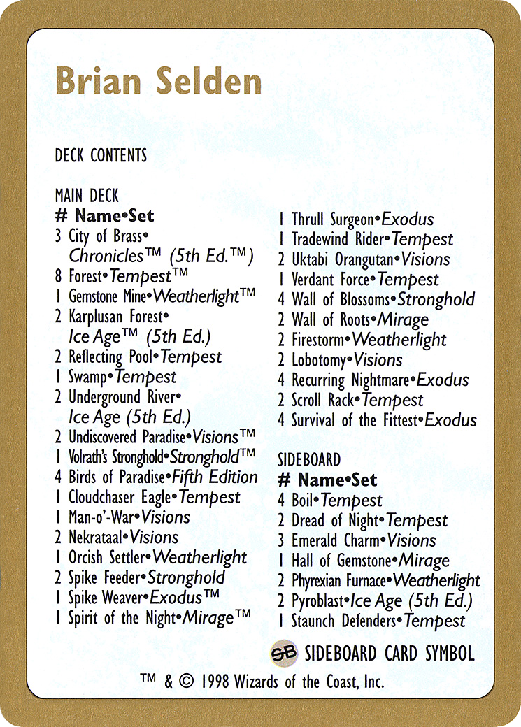 Image of 1998 Brian Selden Decklist Card (WCD-) - World Championship Decks 1998