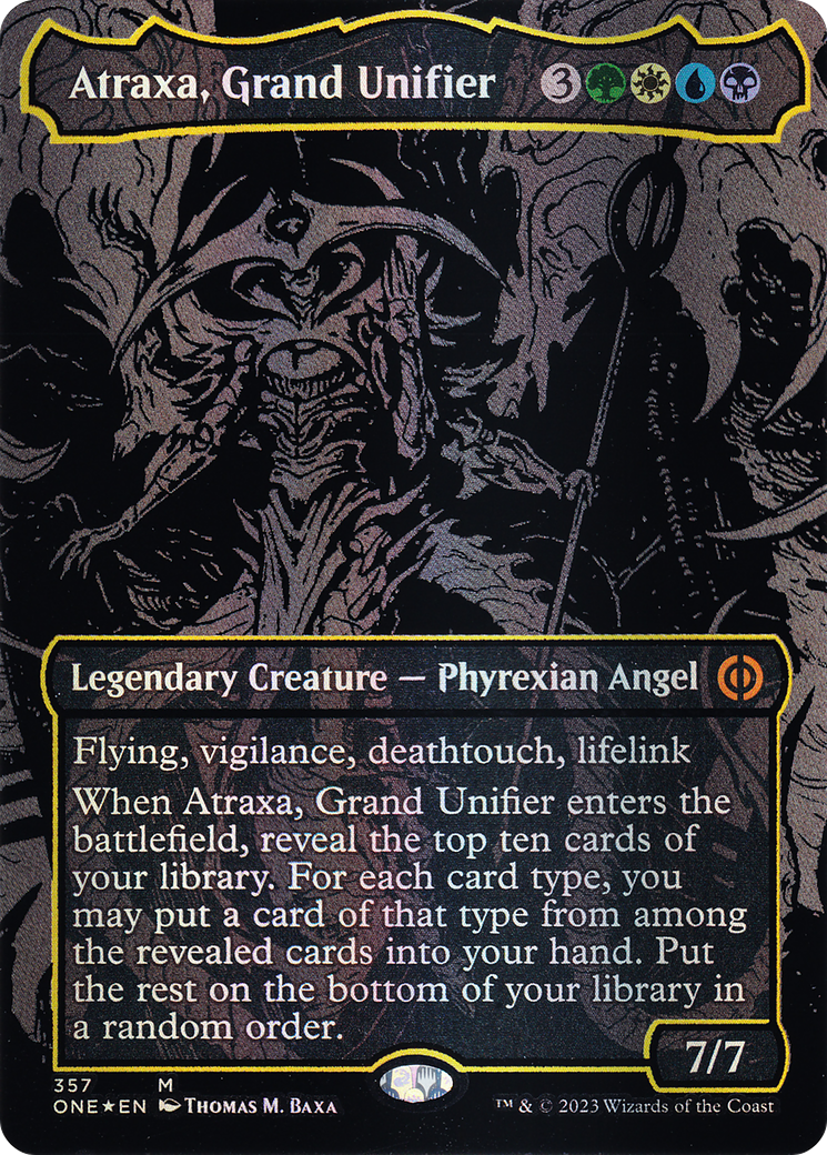 Image of Atraxa, Grand Unifier (Oil Slick Raised Foil) (ONE-357) - Phyrexia: All Will Be One (Borderless) Foil