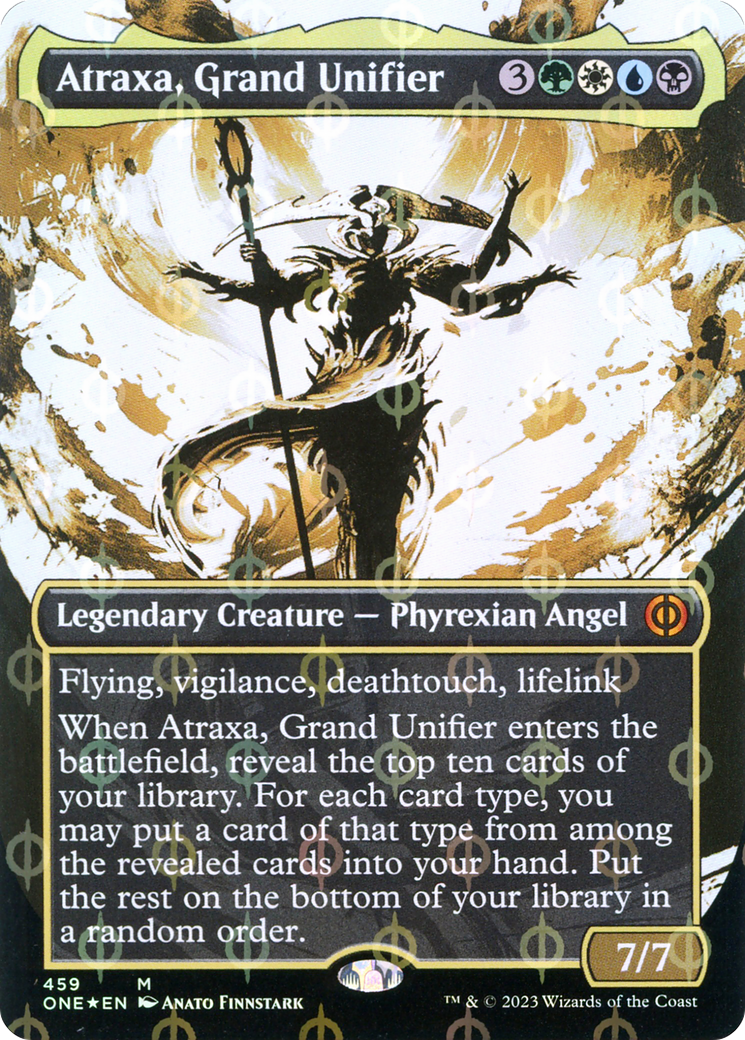 Image of Atraxa, Grand Unifier (Showcase) (Step-and-Compleat Foil) (ONE-459) - Phyrexia: All Will Be One: (Showcase) (Borderless) Foil