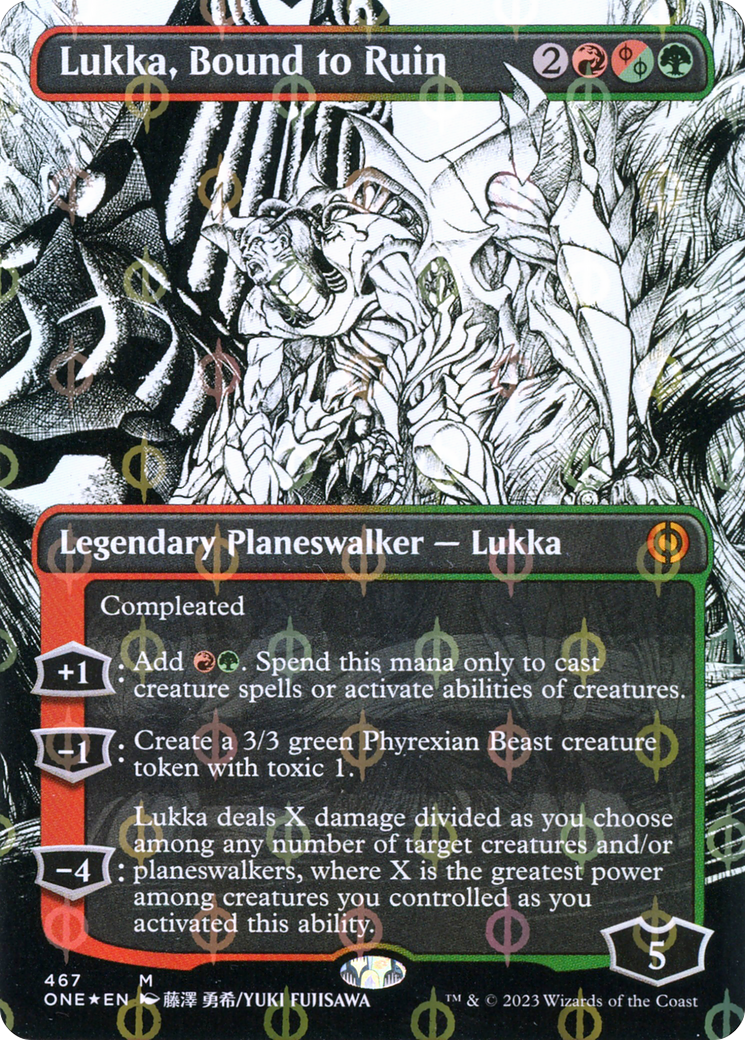 Image of Lukka, Bound to Ruin (Borderless) (Step-And-Compleat Foil) (ONE-467) - Phyrexia: All Will Be One: (Showcase) (Borderless) Foil