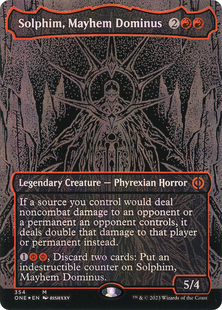 Image of Solphim, Mayhem Dominus (Oil Slick Raised Foil) (ONE-354) - Phyrexia: All Will Be One (Borderless) Foil