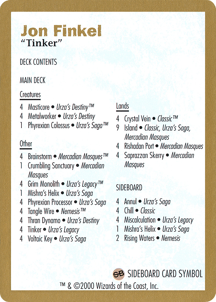 Image of 2000 Jon Finkel Decklist Card (WCD-) - World Championship Decks 2000