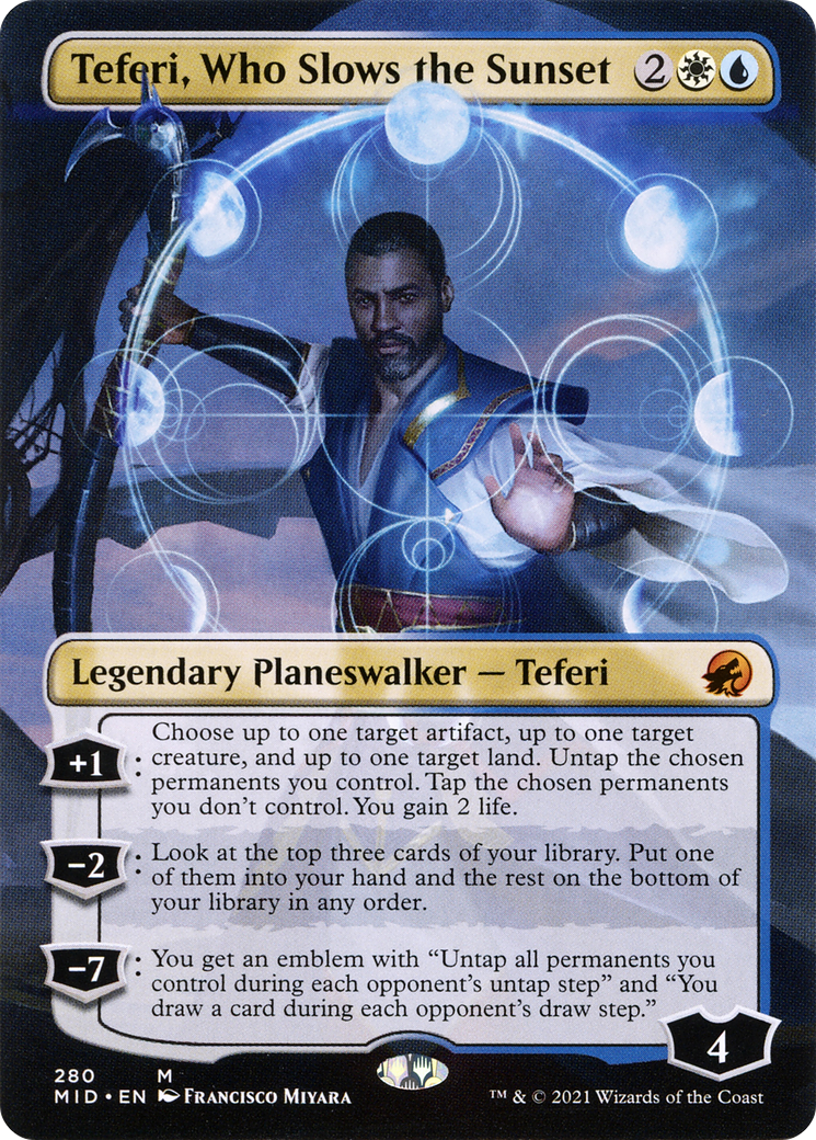 Image of Teferi, Who Slows the Sunset (Borderless) (MID-280) - Innistrad: Midnight Hunt (Borderless) Foil