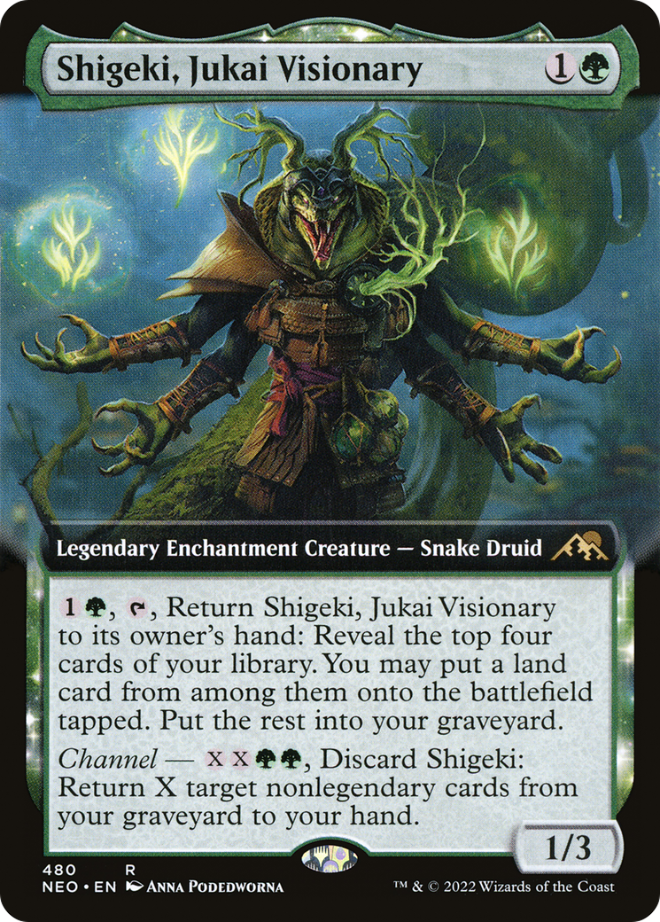 Image of Shigeki, Jukai Visionary (Extended Art) (NEO-480) - Kamigawa: Neon Dynasty: (Extended Art, enchantment) Foil