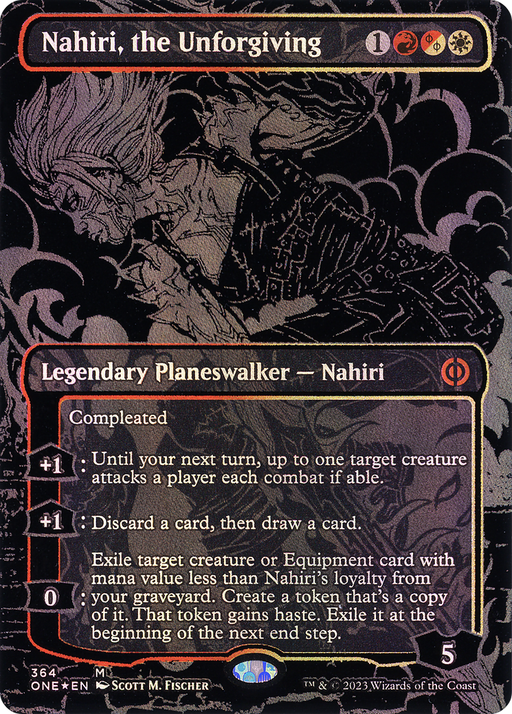 Image of Nahiri, the Unforgiving (Oil Slick Raised Foil) (ONE-364) - Phyrexia: All Will Be One (Borderless) Foil