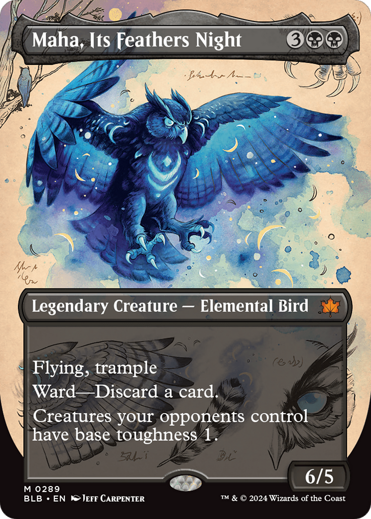 Image of Maha, Its Feather Night (Borderless) (BLB-289) - Bloomburrow: (Showcase) (Borderless) Foil
