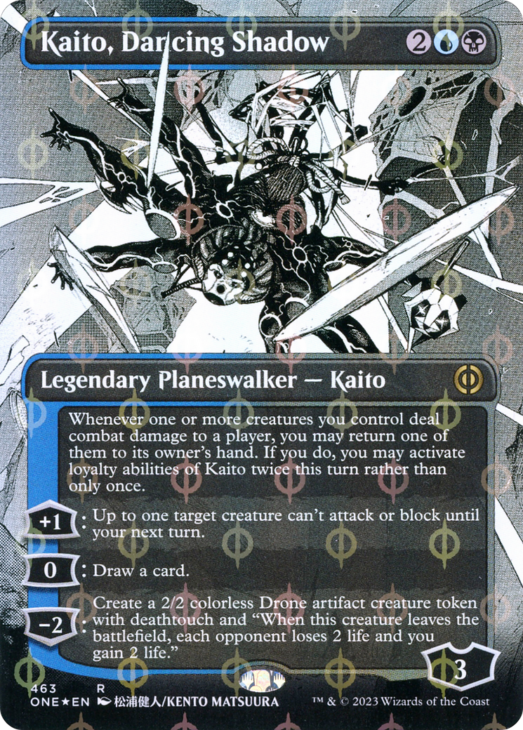 Image of Kaito, Dancing Shadow (Borderless) (Step-and-Compleat Foil) (ONE-463) - Phyrexia: All Will Be One: (Showcase) (Borderless) Foil