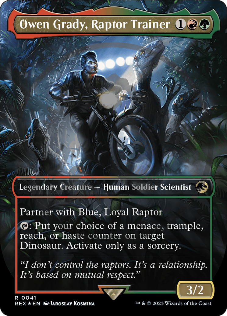 Image of Owen Grady, Raptor Trainer (Borderless) (Emblem) (REX-041) - Jurassic World Collection (Borderless) Foil