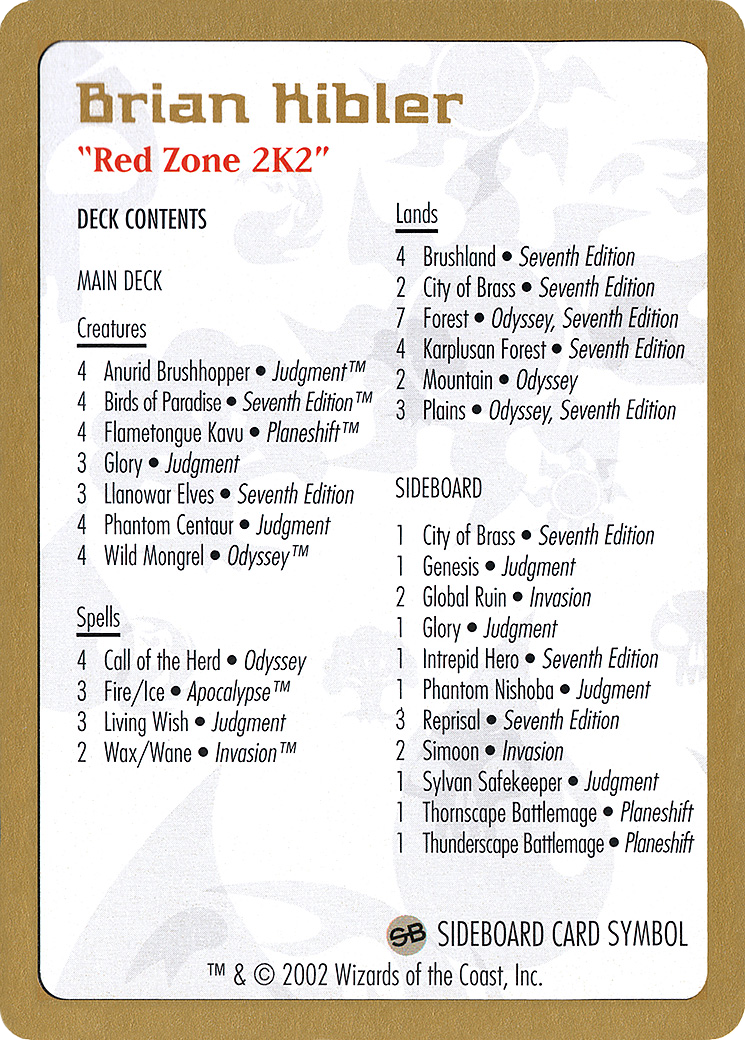 Image of 2002 Brian Kibler Decklist Card (WCD-) - World Championship Decks 2002