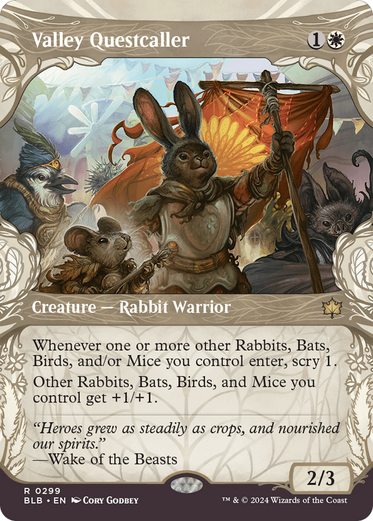 Image of Valley Questcaller (Showcase) (BLB-299) - Bloomburrow: (Showcase) (Borderless) Foil