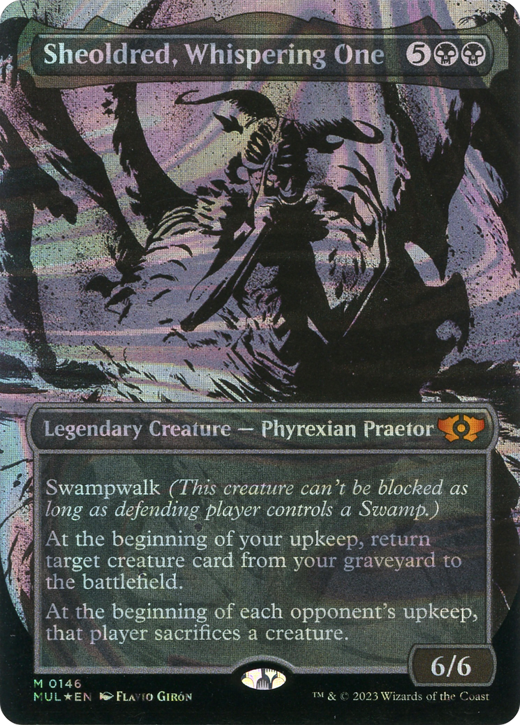 Image of Sheoldred, Whispering One (Halo Foil) (MUL-146) - Multiverse Legends: (Showcase) (Borderless) Foil
