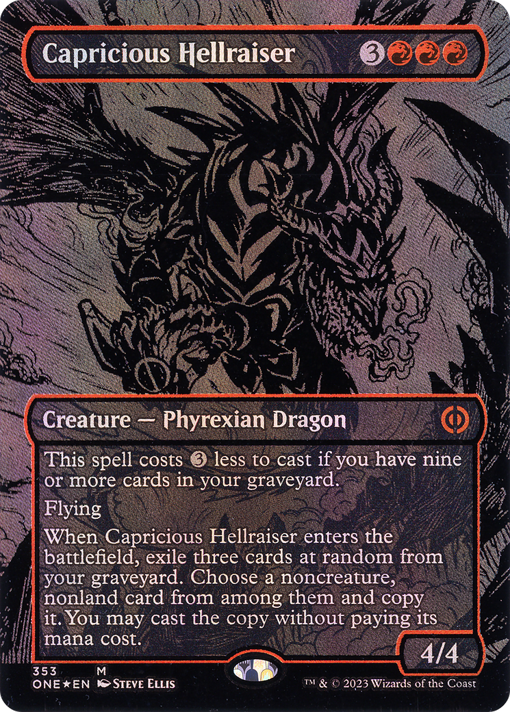 Image of Capricious Hellraiser (Oil Slick Raised Foil) (ONE-353) - Phyrexia: All Will Be One (Borderless) Foil