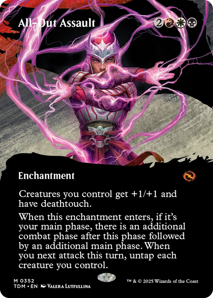Image of All-Out Assault (Borderless) (TDM-352) - Tarkir: Dragonstorm: (Showcase, enchantment) (Borderless) Foil