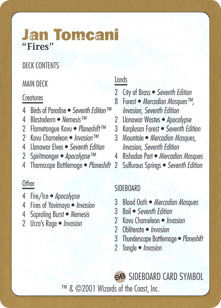 Image of 2001 Jan Tomcani Decklist Card (WCD-) - World Championship Decks 2001