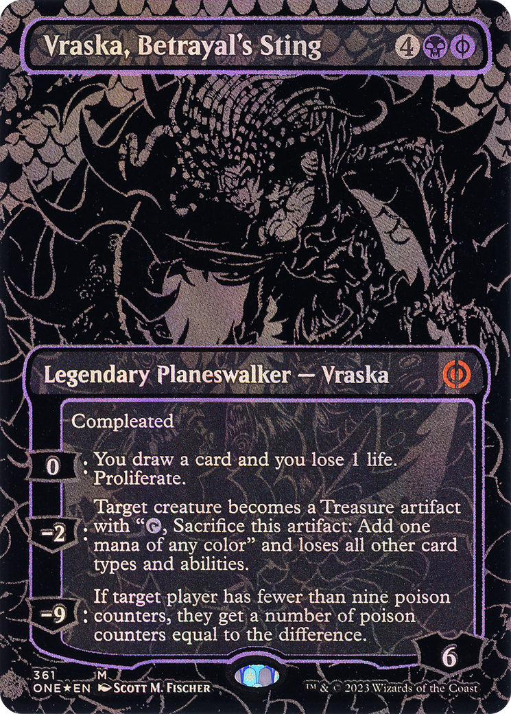 Image of Vraska, Betrayal's Sting (Oil Slick Raised Foil) (ONE-361) - Phyrexia: All Will Be One (Borderless) Foil
