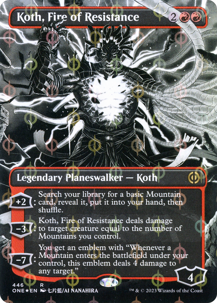 Image of Koth, Fire of Resistance (Borderless) (Step-and-Compleat Foil) (ONE-446) - Phyrexia: All Will Be One: (Showcase) (Borderless) Foil