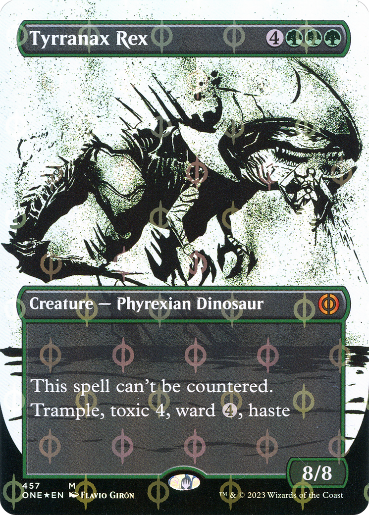 Image of Tyrranax Rex (Showcase) (Step-and-Compleat Foil) (ONE-457) - Phyrexia: All Will Be One: (Showcase) (Borderless) Foil
