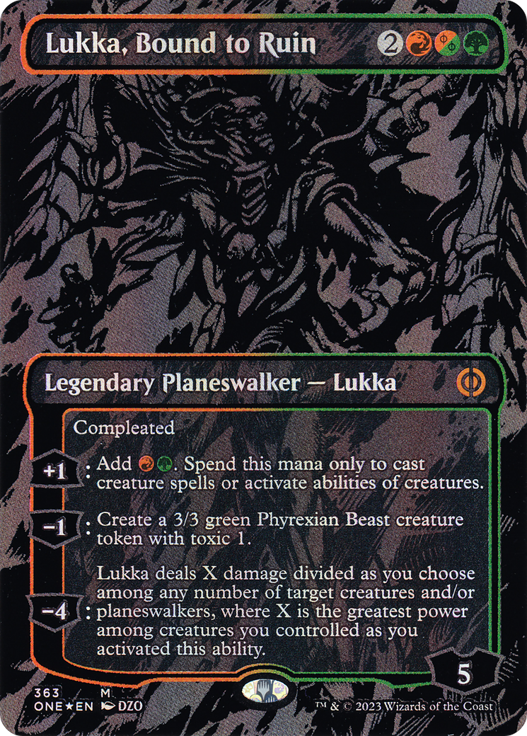 Image of Lukka, Bound to Ruin (Oil Slick Raised Foil) (ONE-363) - Phyrexia: All Will Be One (Borderless) Foil