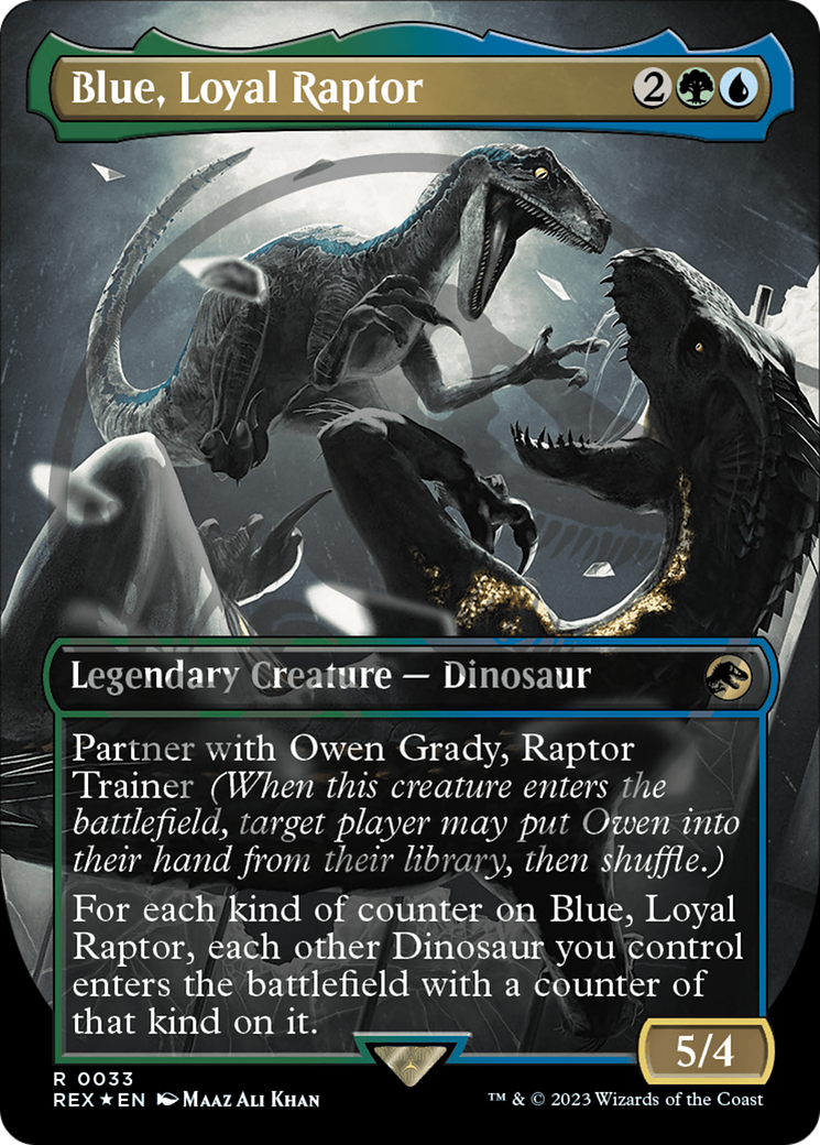 Image of Blue, Loyal Raptor (Borderless) (Emblem) (REX-033) - Jurassic World Collection (Borderless) Foil