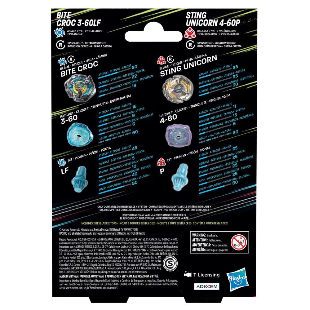 Hasbro Beyblade X Bite Croc 3-60LF and Sting Unicorn 4-60P Top Dual Pack Set