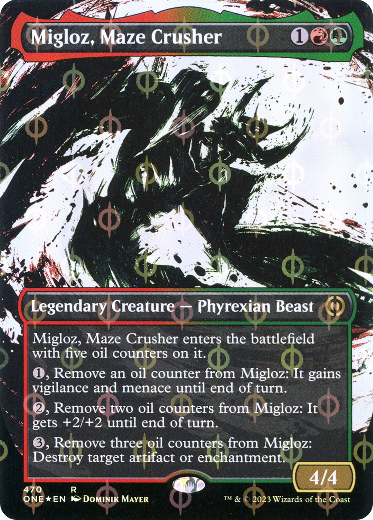 Image of Migloz, Maze Crusher (Showcase) (Step-and-Compleat Foil) (ONE-470) - Phyrexia: All Will Be One: (Showcase) (Borderless) Foil