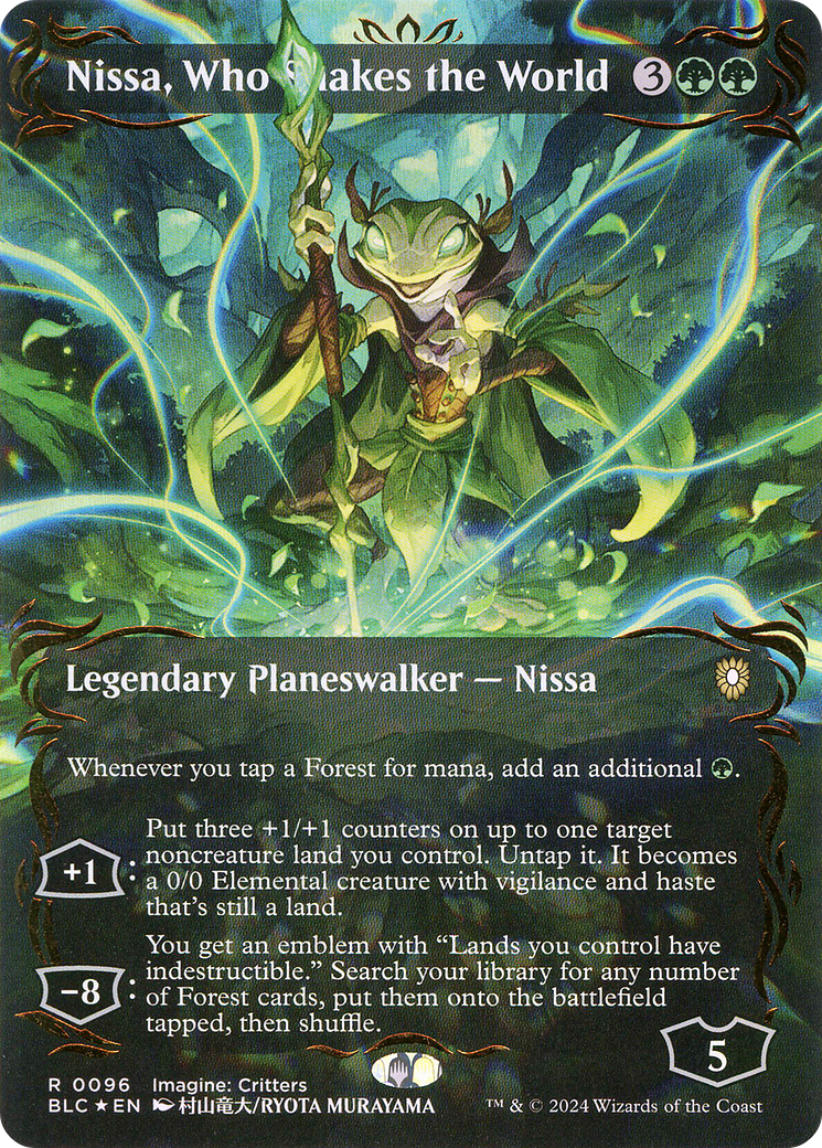 Image of Nissa, Who Shakes the World (Borderless) (Raised Foil) (BLC-096) - Bloomburrow Commander (Borderless) Foil