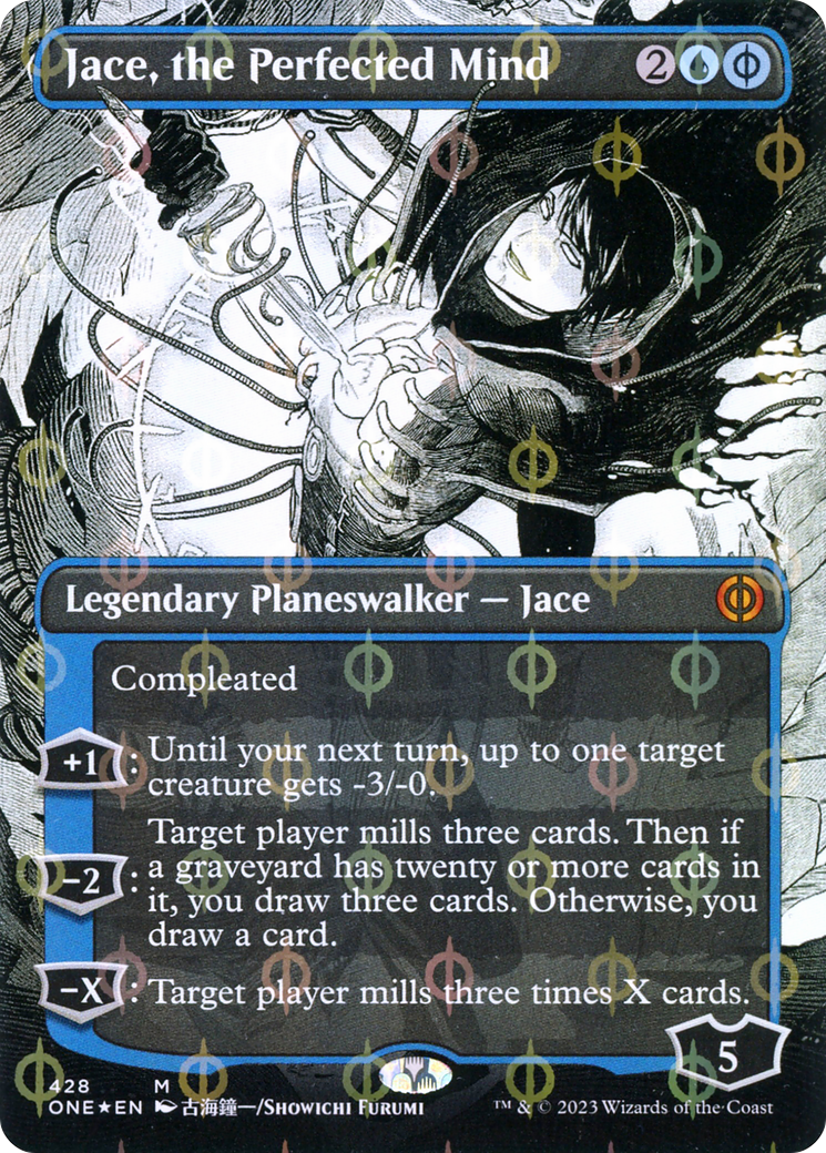 Image of Jace, the Perfected Mind (Borderless) (Step-and-Compleat Foil) (ONE-428) - Phyrexia: All Will Be One: (Showcase) (Borderless) Foil