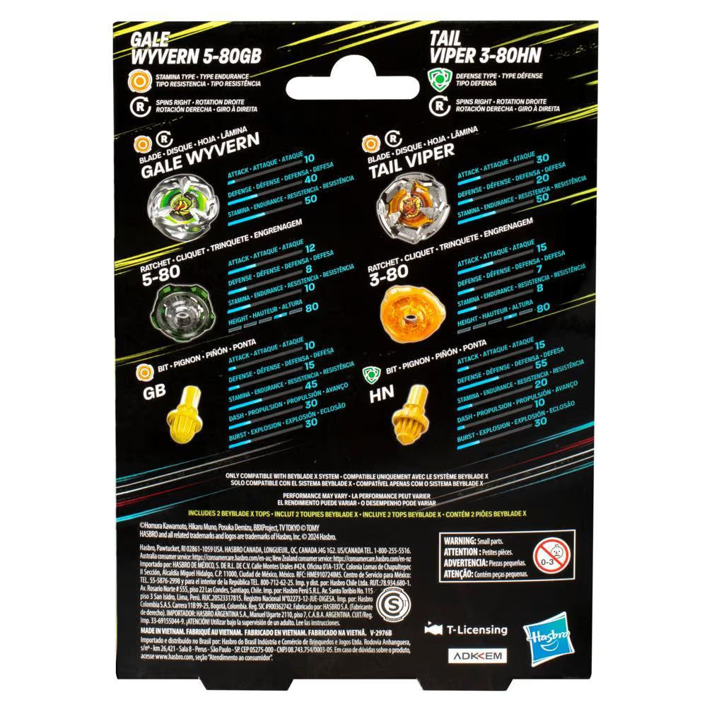 Hasbro Beyblade X Gale Wyvern 5-80GB and Tail Viper 3-80HN Top Dual Pack Set